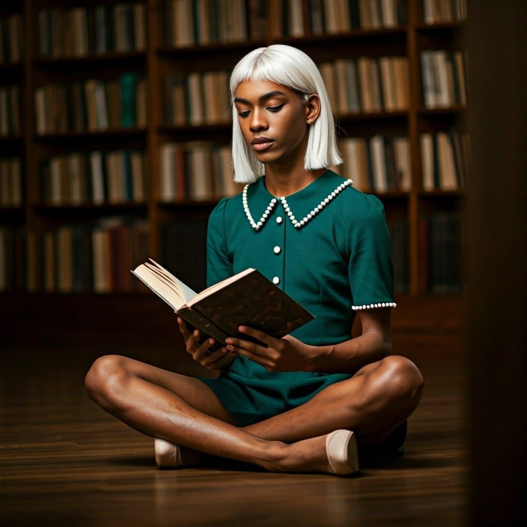 Androgynous Youth Lost in Cozy Library Reading