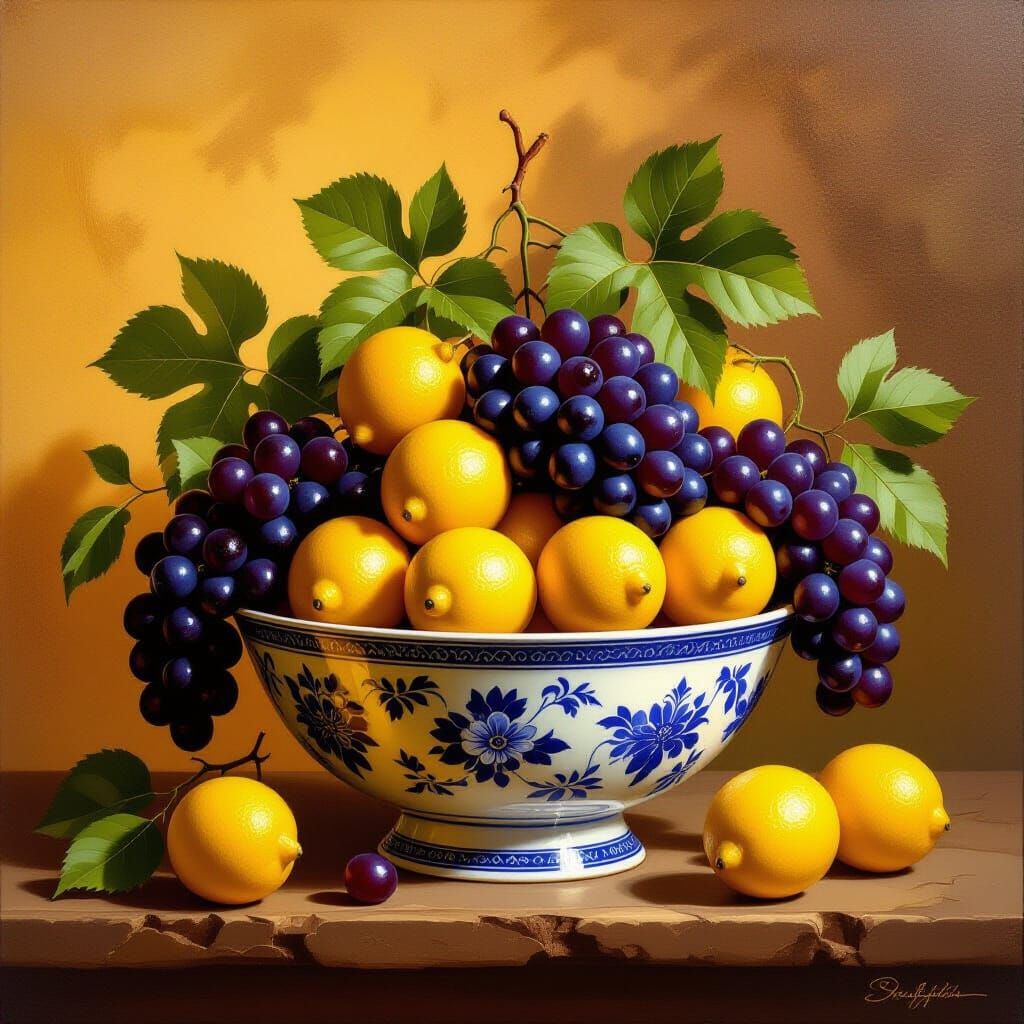 Renaissance Fruit Bowl Still Life with Dramatic Lighting