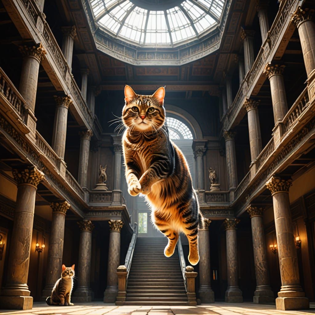 Majestic Cat Leaps Through Ancient Temple