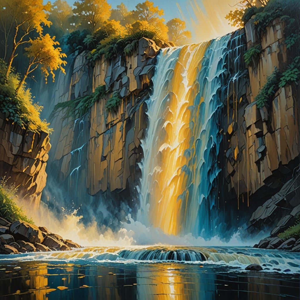 Waterfall Cascade in Expressionist Oil Painting Style