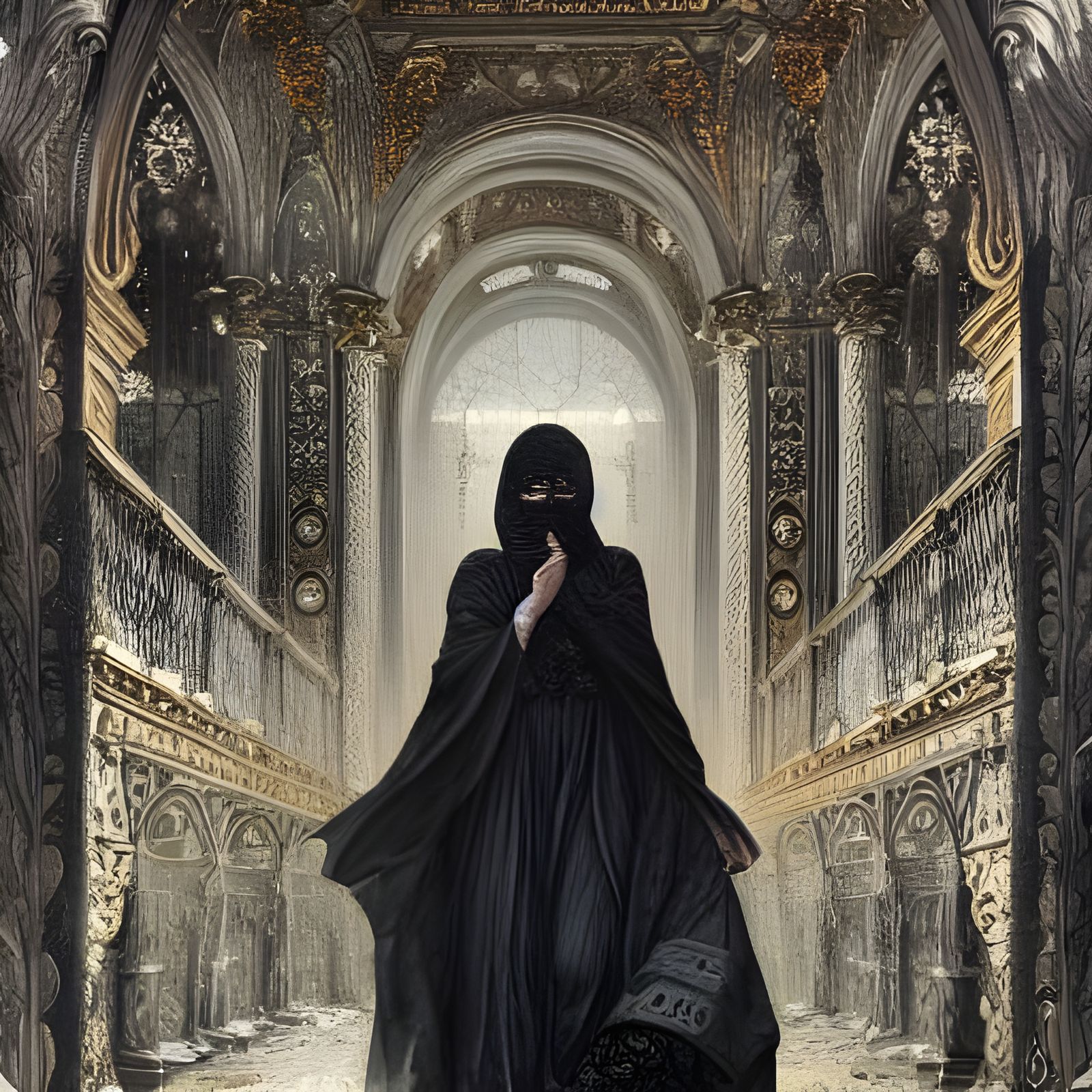 Woman with Metallic Lines in Ornate Robes