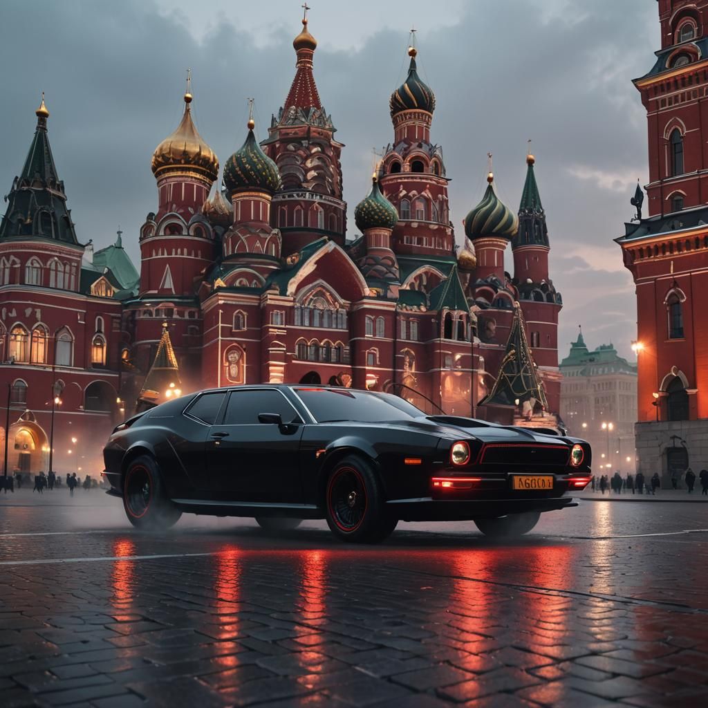 Car in Red Square in Neon Noir Style