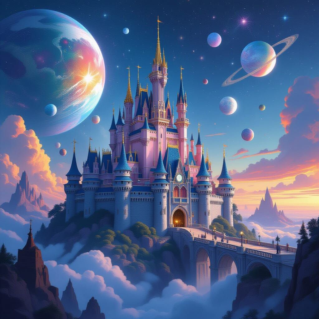 Gothic Castle in Space Amidst Planets