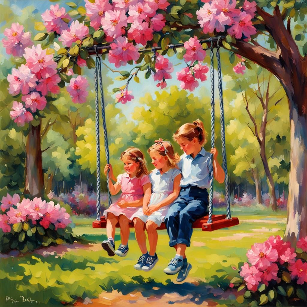 Sisters Swinging in a Spring Park, Auroracore Art