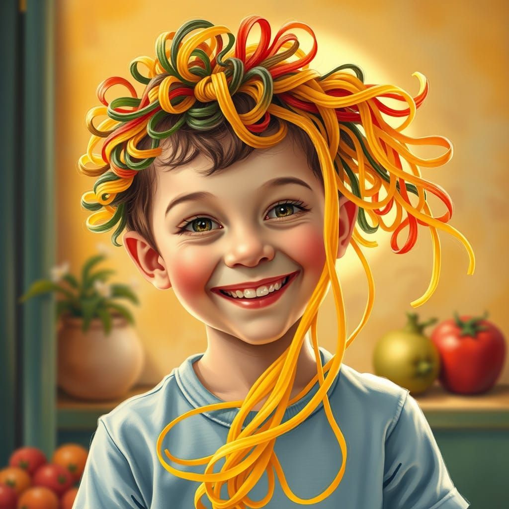 Whimsical Boy with Fusilli Pasta Hair in a Sun-Kissed Italia...