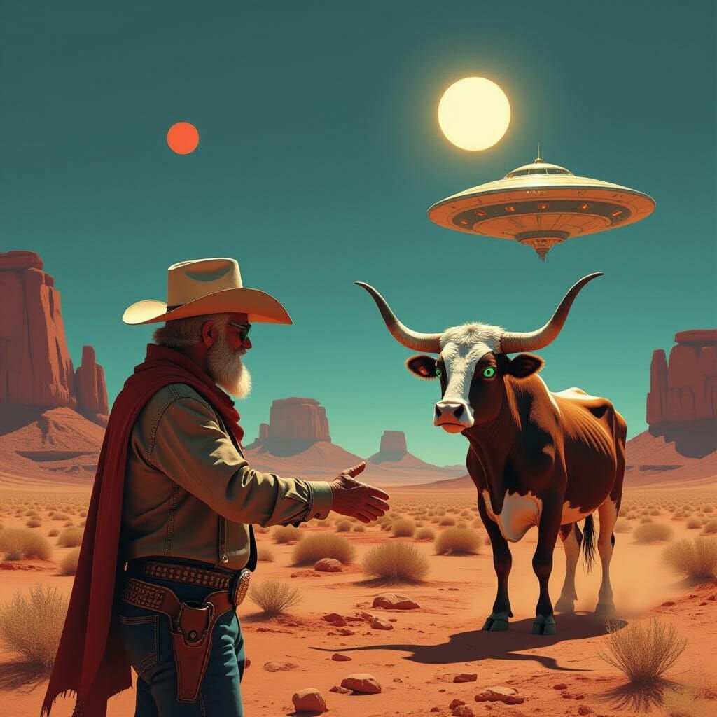 Cowboy Befriends Alien Longhorn on Mars with Retro UFO Saloo...