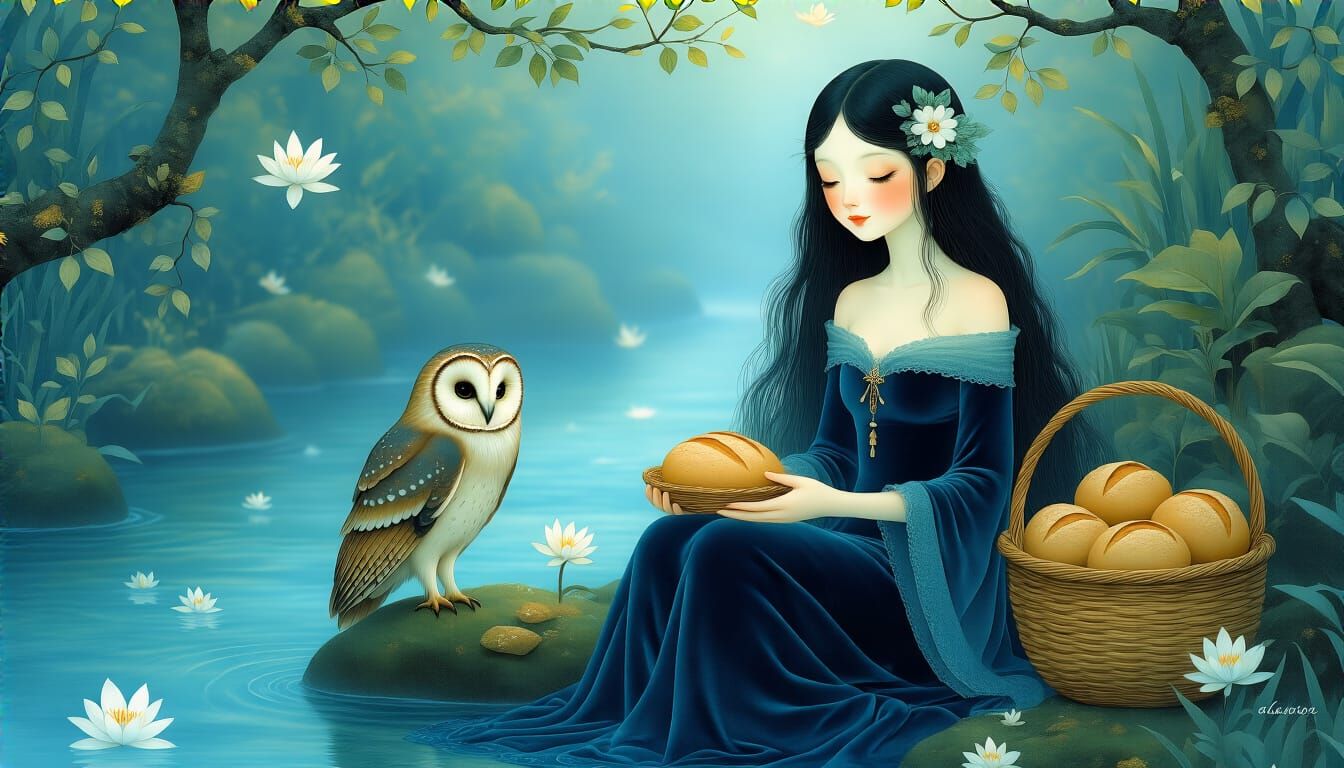 Sorceress with Owl in Dreamlike Aquatic Setting