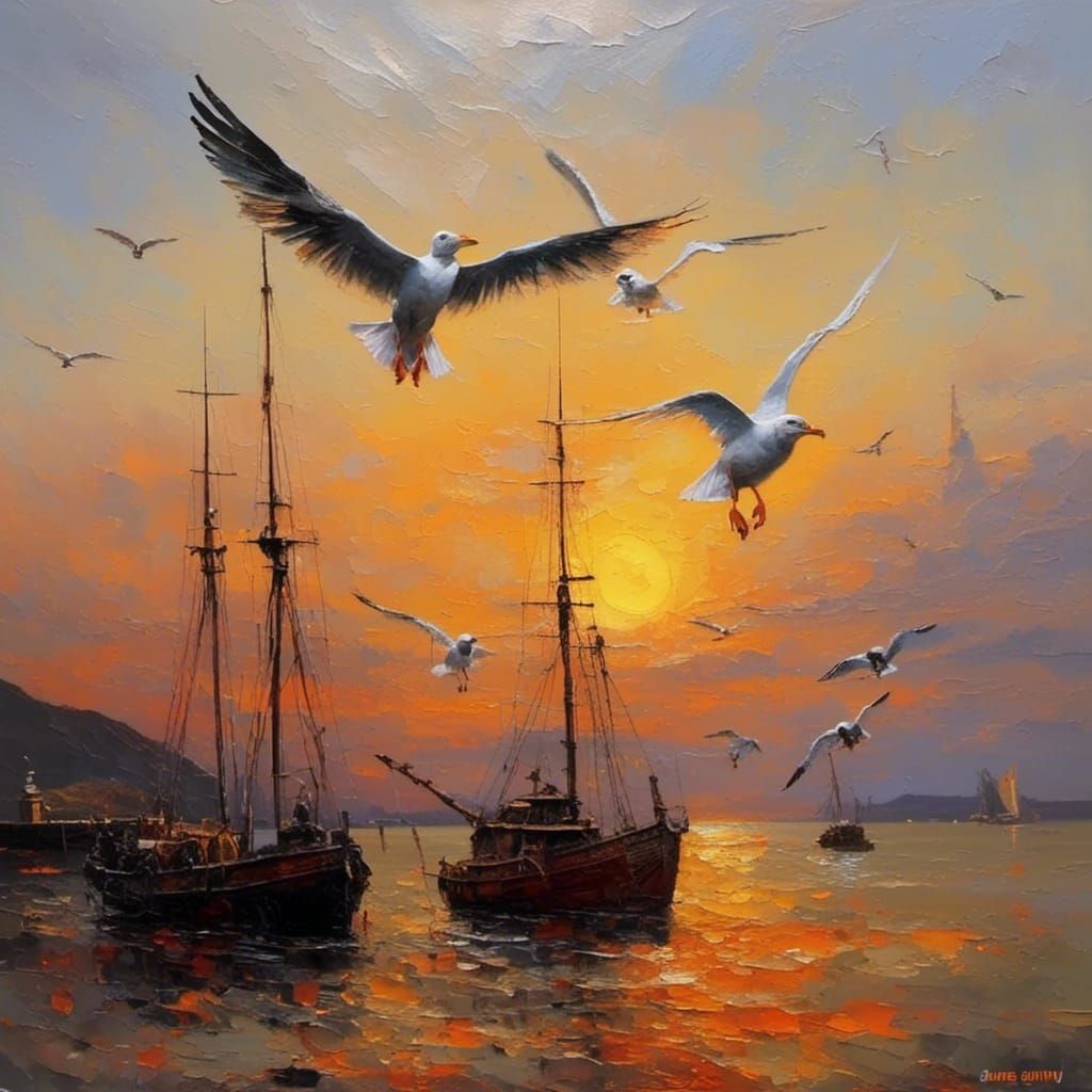 Sunset Fishing Port with Seagulls, Impasto Oil Painting