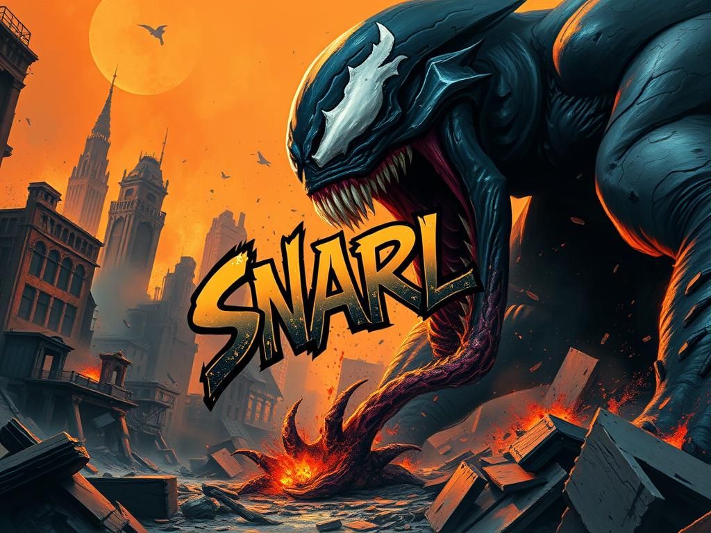 Venom vs Foe in Ruined Cityscape, Impasto Painting