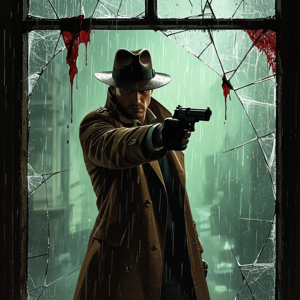 Noir Detective Aims Gun Through Shattered Window