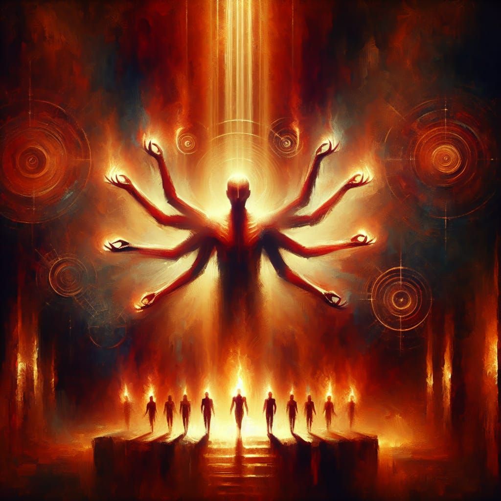 Dramatic Multi-Armed Figure in Painterly Style