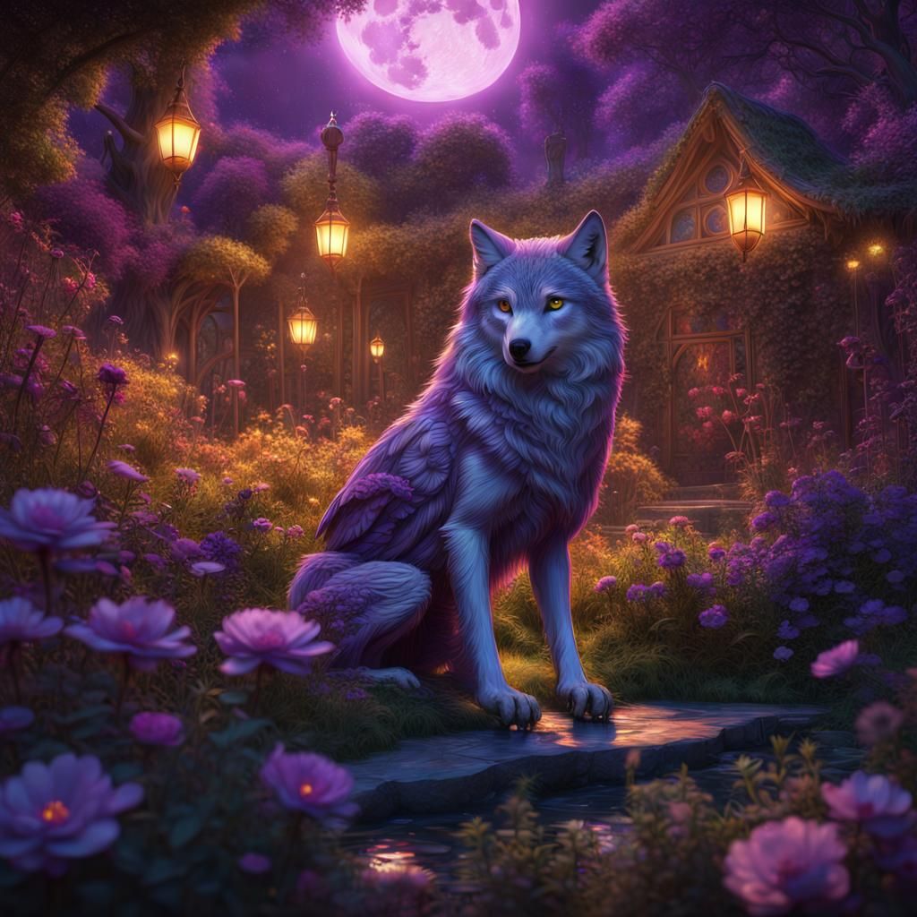 Fantasy Garden with Wolf Owl in Art Nouveau Style