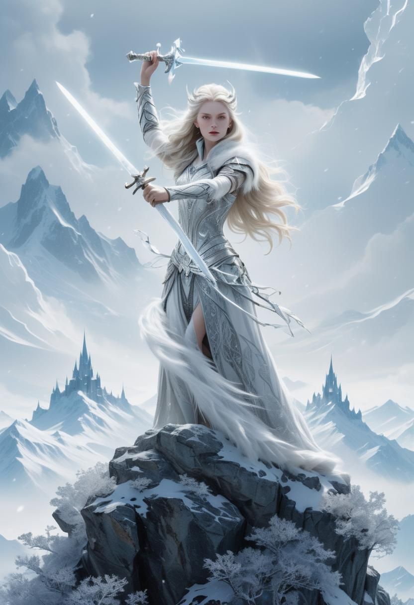 White Witch on Snowy Peak with Swords