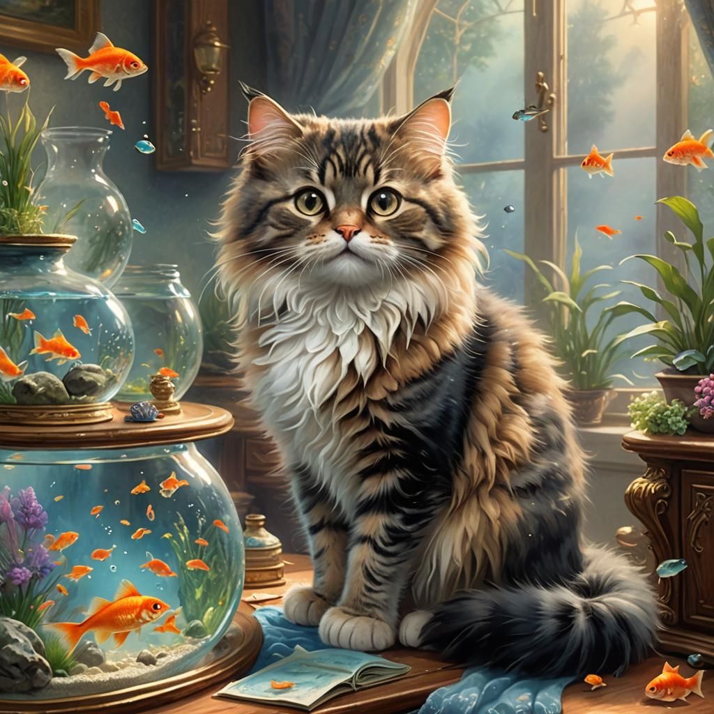 Cat Watching Goldfish in Ethereal Fantasy Style