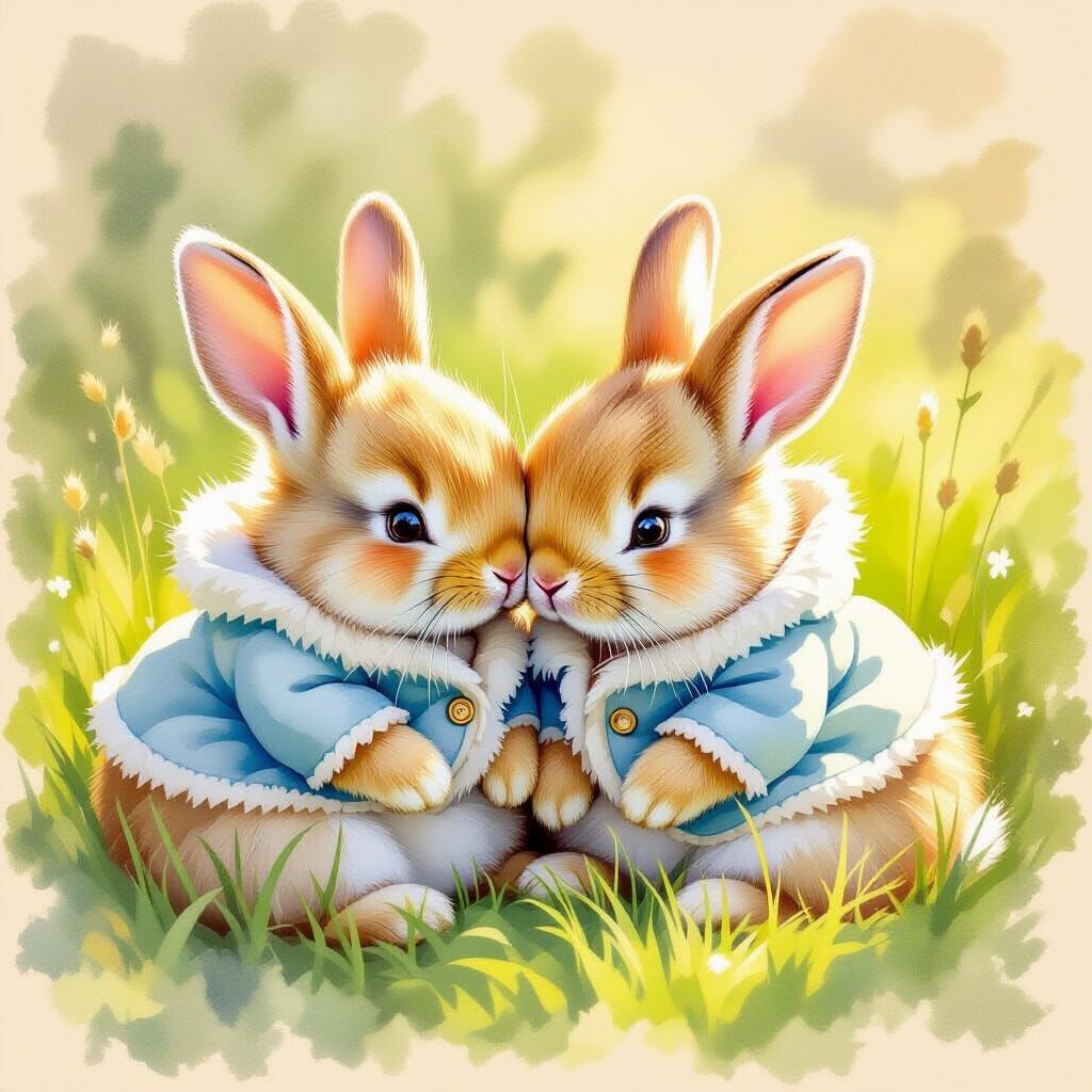 Whimsical Bunnies Snuggling in Watercolor Style