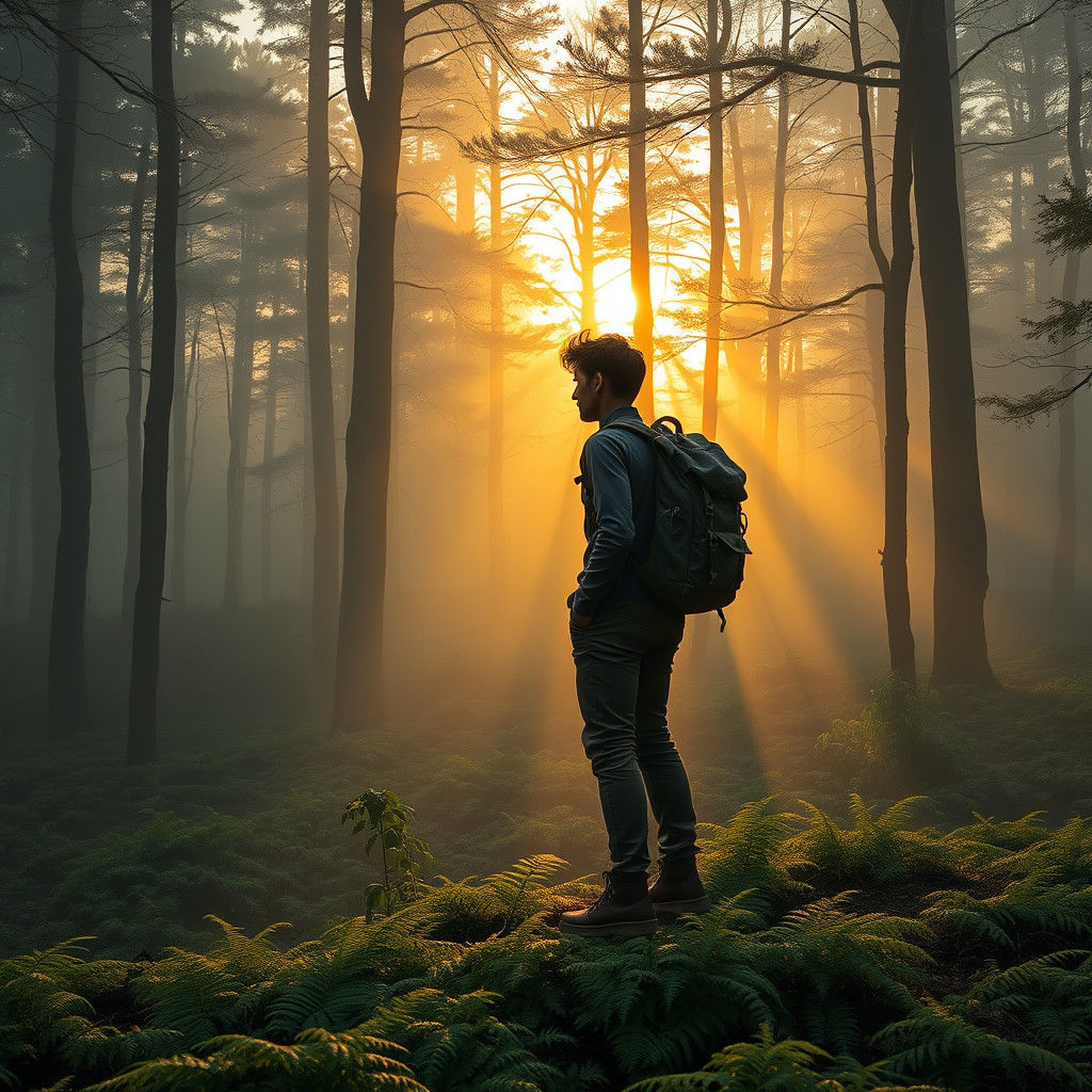 Hiker at Misty Forest Edge in Hyper-Realistic Style