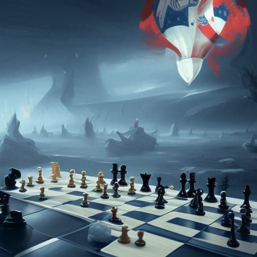Chess Game in Space with Russian and Ukrainian Flags