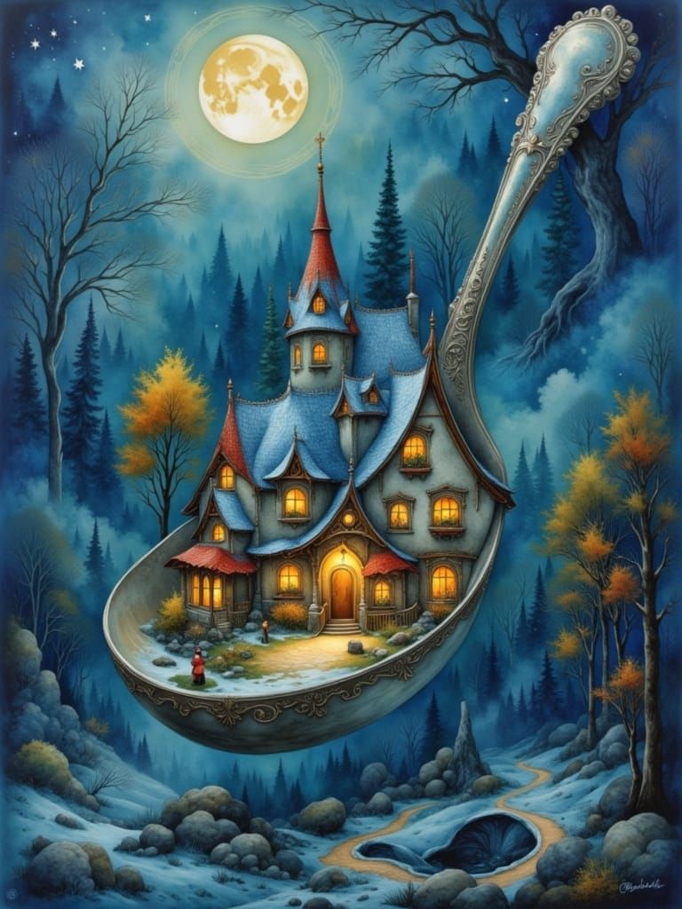 Fairytale House in Spoon Under Starry Night Sky