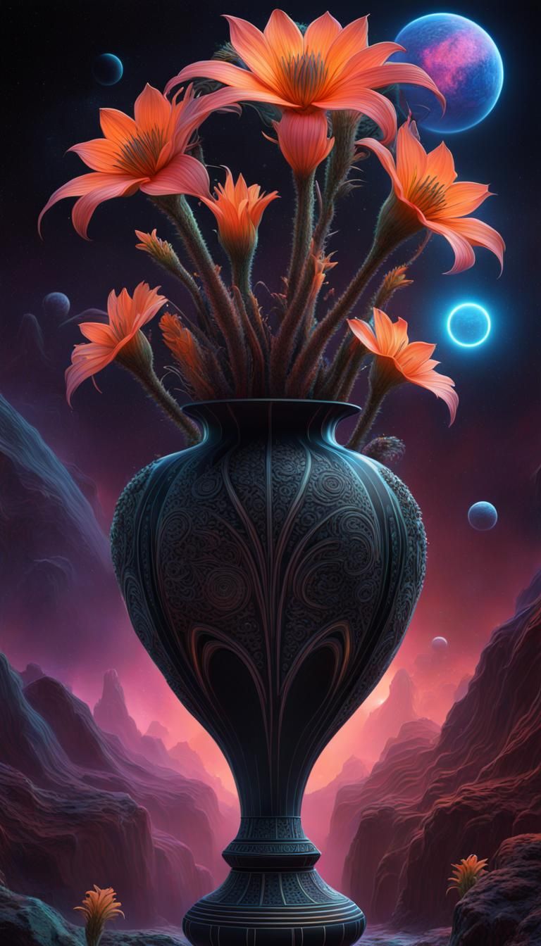 Exotic Alien Flowers in Intricately Carved Vase