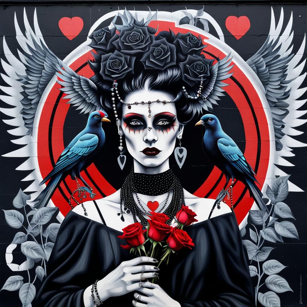 Goth Woman Street Art Mural in Dada Surrealist Style