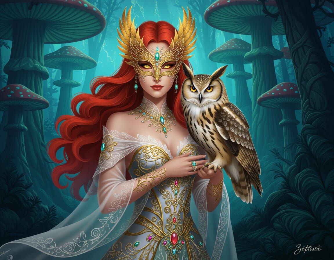 Majestic Fairy Woman with Owl Mask in Fantasy Forest