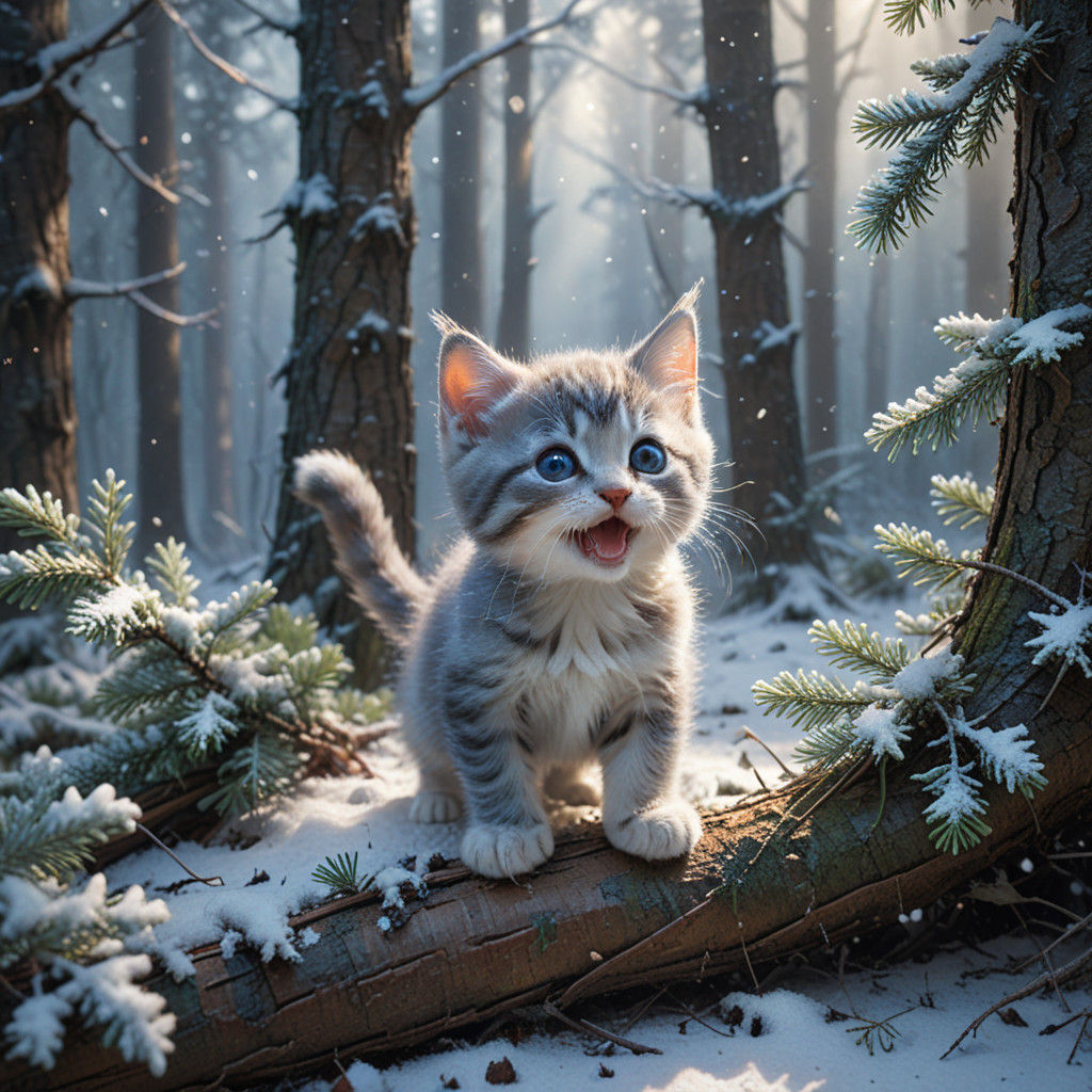 Fantasy Snowscape with Hidden Kitten