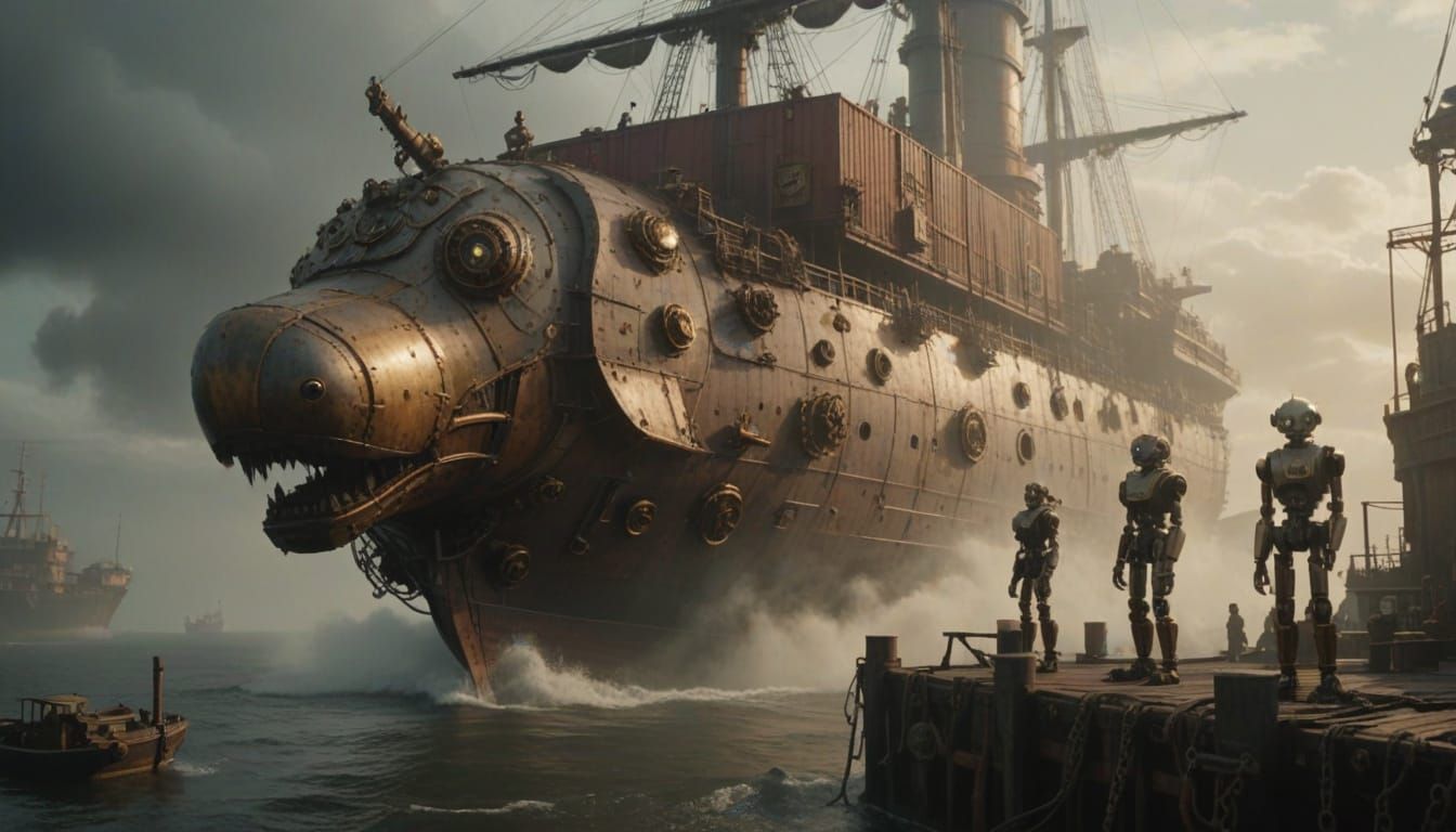 Steampunk Cargo Ship with Dog Prow Enters Smoky Port