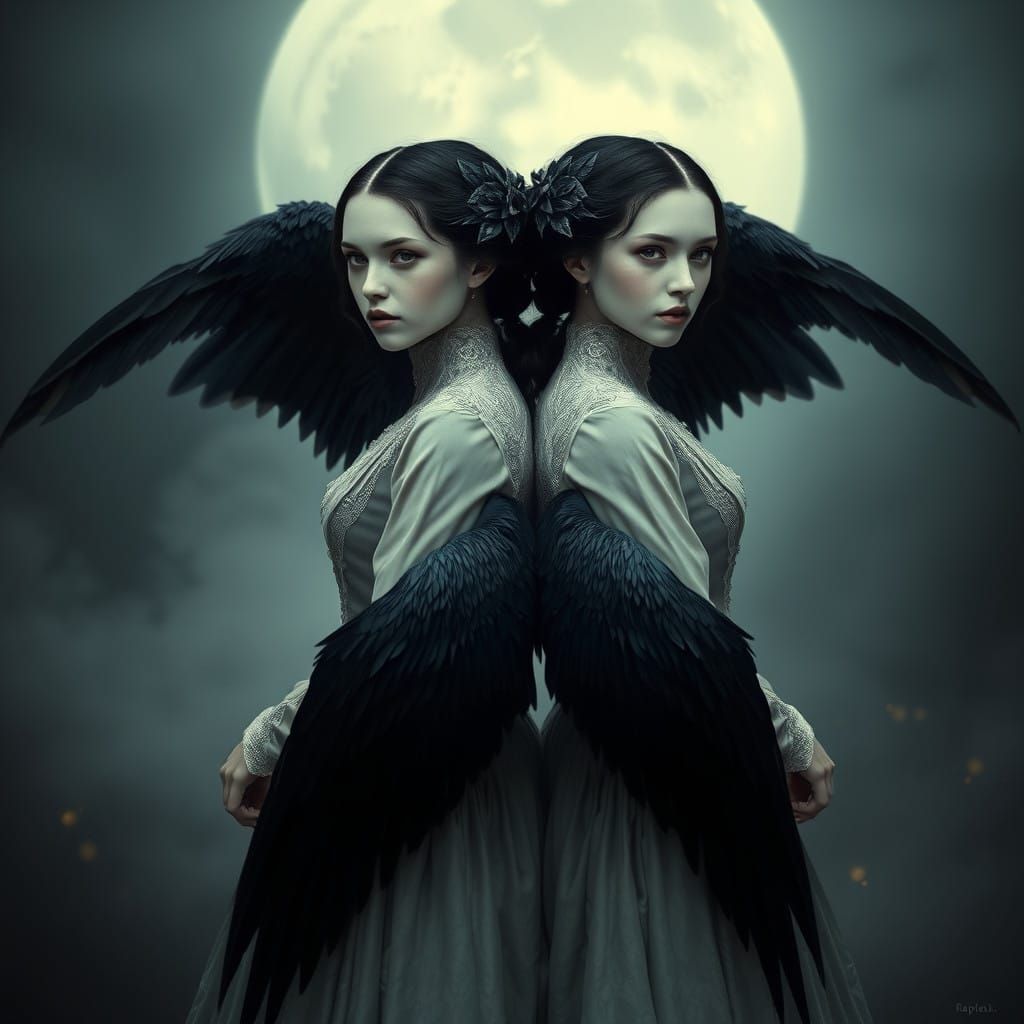 Mystical Twin Sisters with Raven Wings in Moonlit Dreamscape