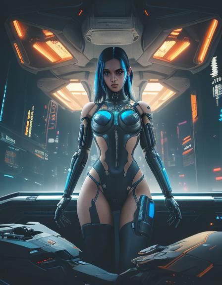 Hyperrealistic Blue Humanoid with Flying Saucer in Cyberpunk...