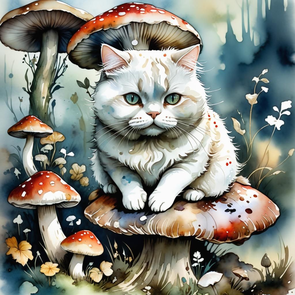 Whimsical Watercolor Cat Portrait on Mushroom
