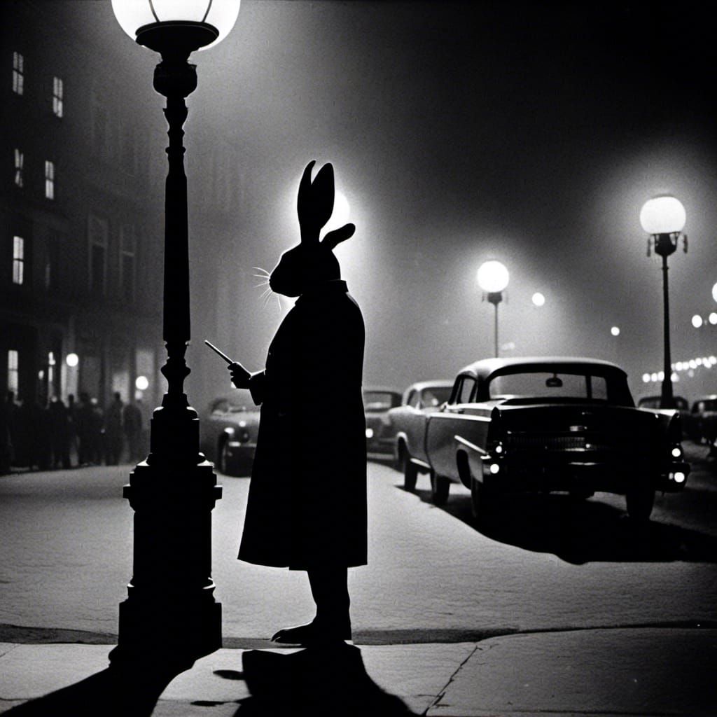 Noir Rabbit Silhouette Under Street Lamp
