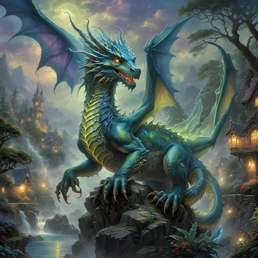 Bioluminescent Dragon in Ethereal Fantasy Mist