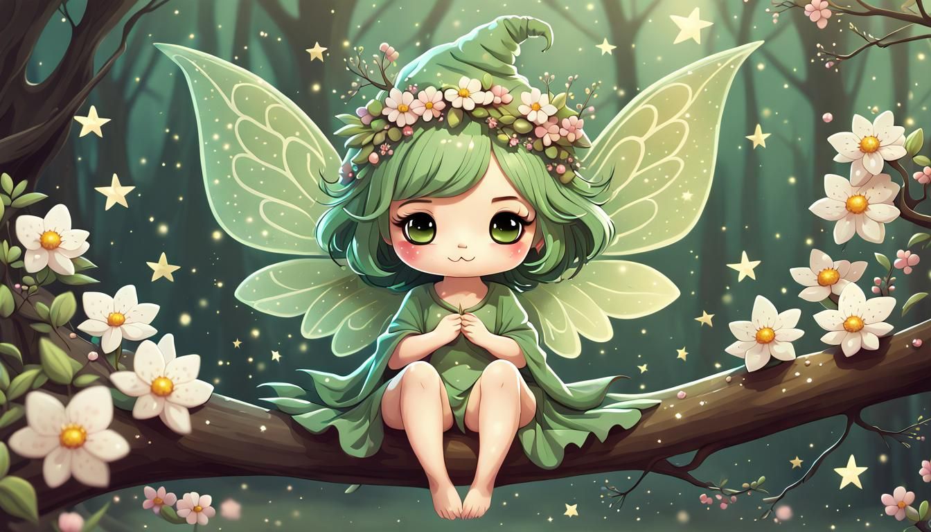 Adorable Chibi Green Witch on Flowering Branch