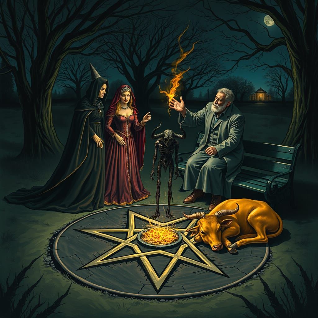 Wife and husband witch + ritual of the beast + pentagram + holy priest trying to stop ceremony + mystical darkness aroun...