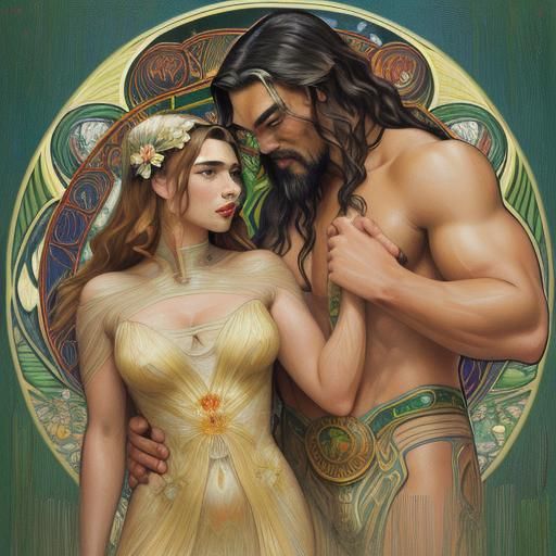 Momoa and Johansson in Art Deco Mucha Style
