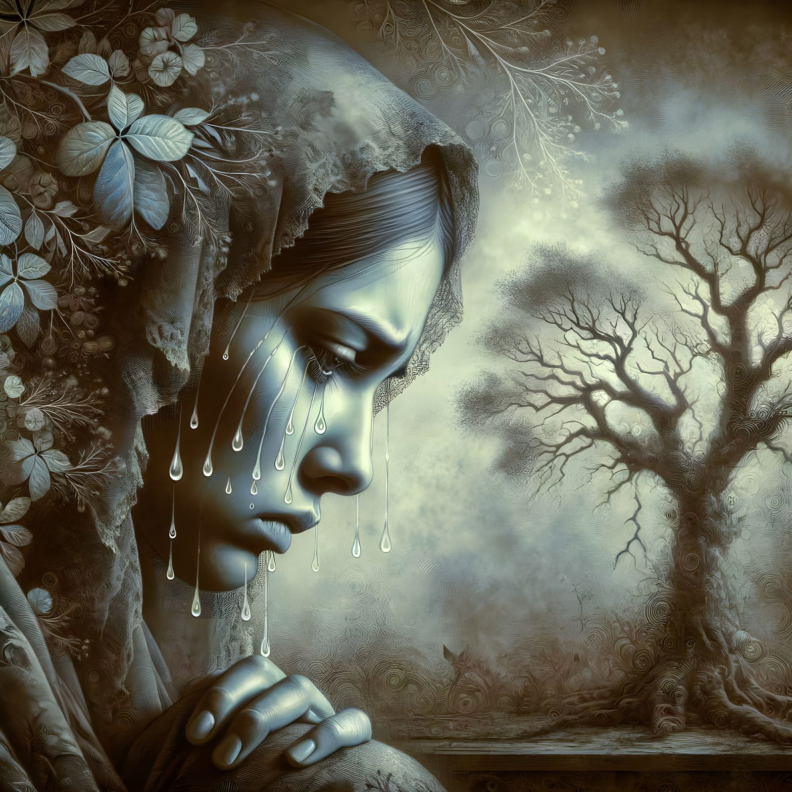 Mourning Hispanic Woman in Ethereal Digital Art