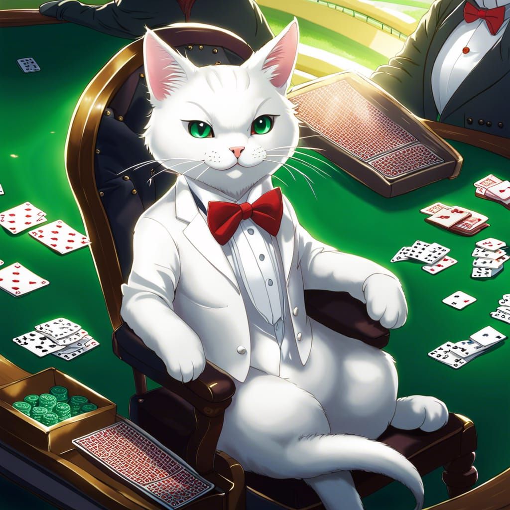 Anime Cat Playing Poker in Tuxedo