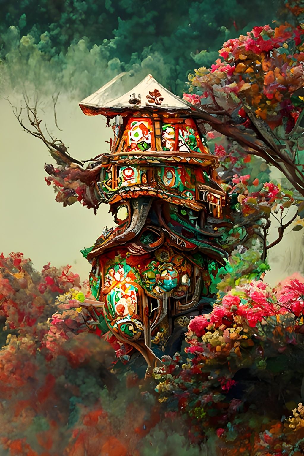 Detailed Japanese Treehouse Shrine Painting