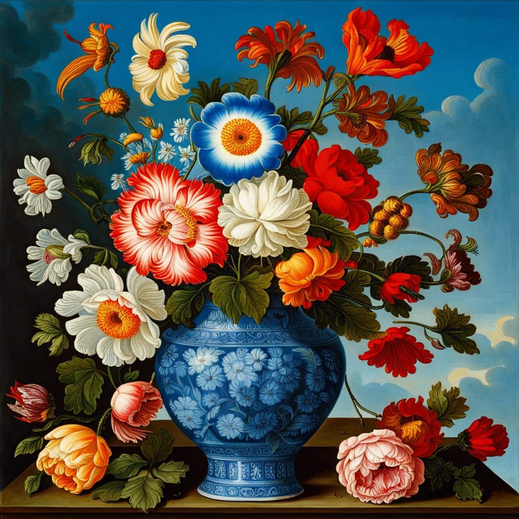 Vivid Floral Still Life with Blue Vase