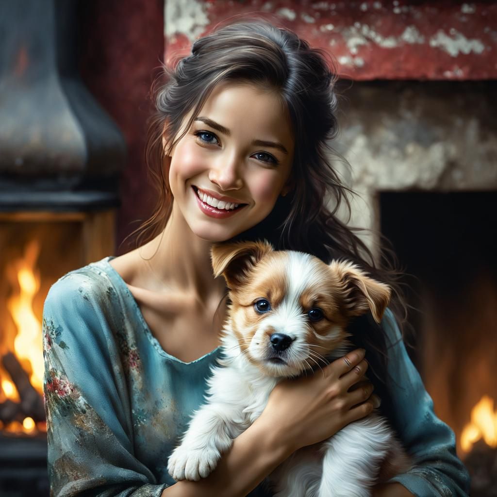 Woman with Puppy: Detailed Matte Painting