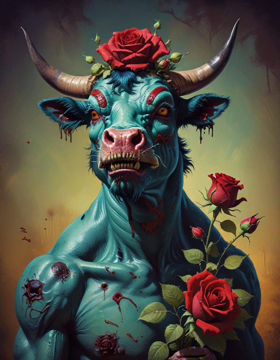Zombie Bull Pin-Up Art with Roses