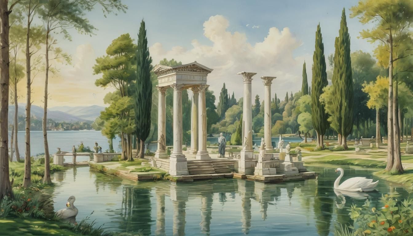 Watercolor Park Scene with Roman Temple and Statues