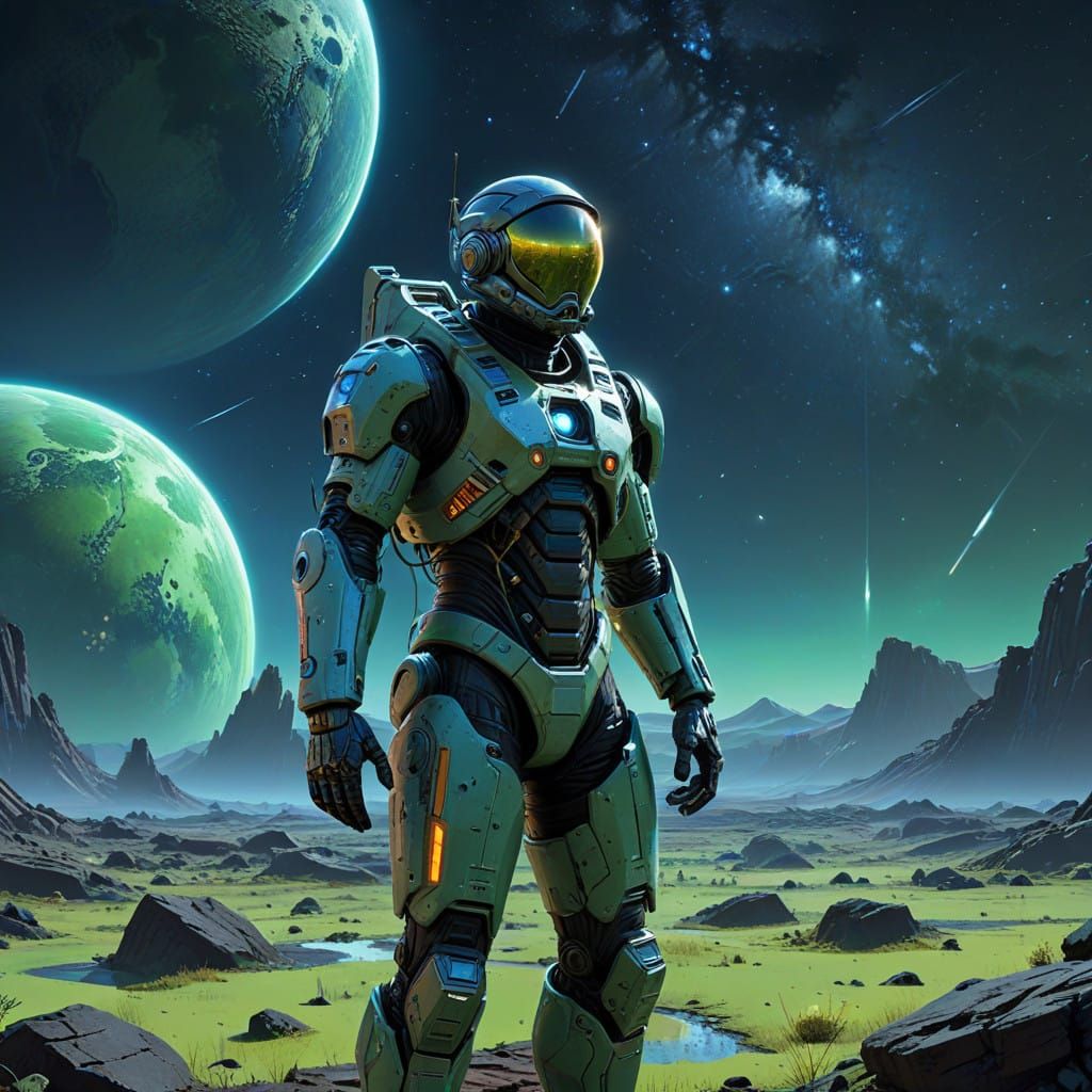 Futuristic Explorer on the Moon's Surface Gazing at a Lumino...