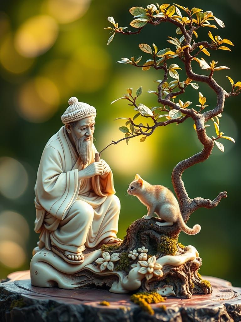 Okimono Sculpture: Bonsai Master and Observing Cat