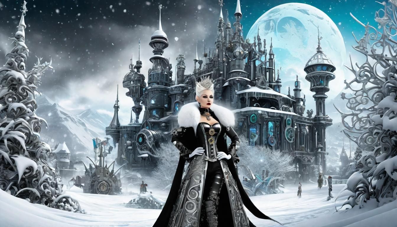 Steampunk Robo Cyber Santa, Chris Kringle and the ice Queen Mab , Winer aetherpunk scene, Tim Burton, Picasso's integra...