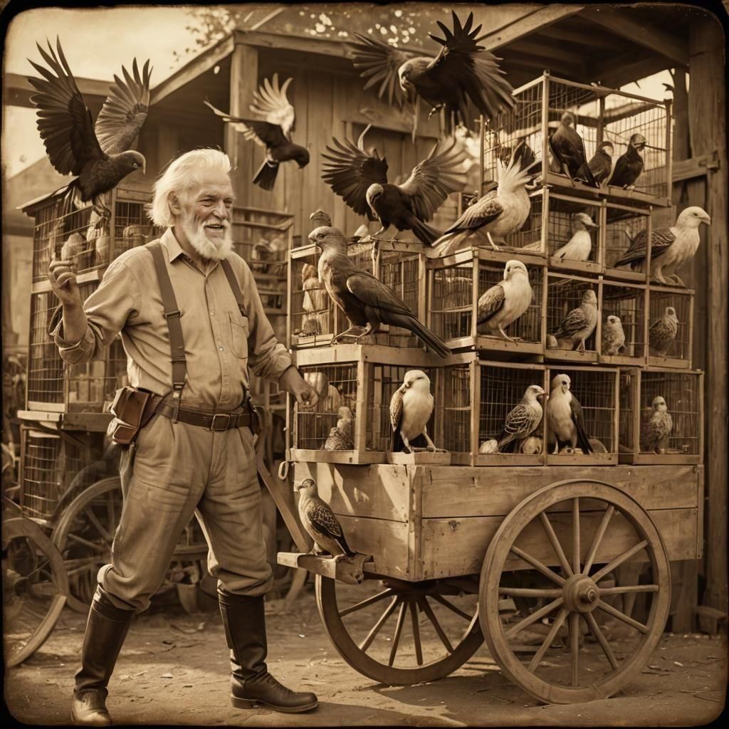 Sepia Photograph of a Vintage Pet Dealer with Birds