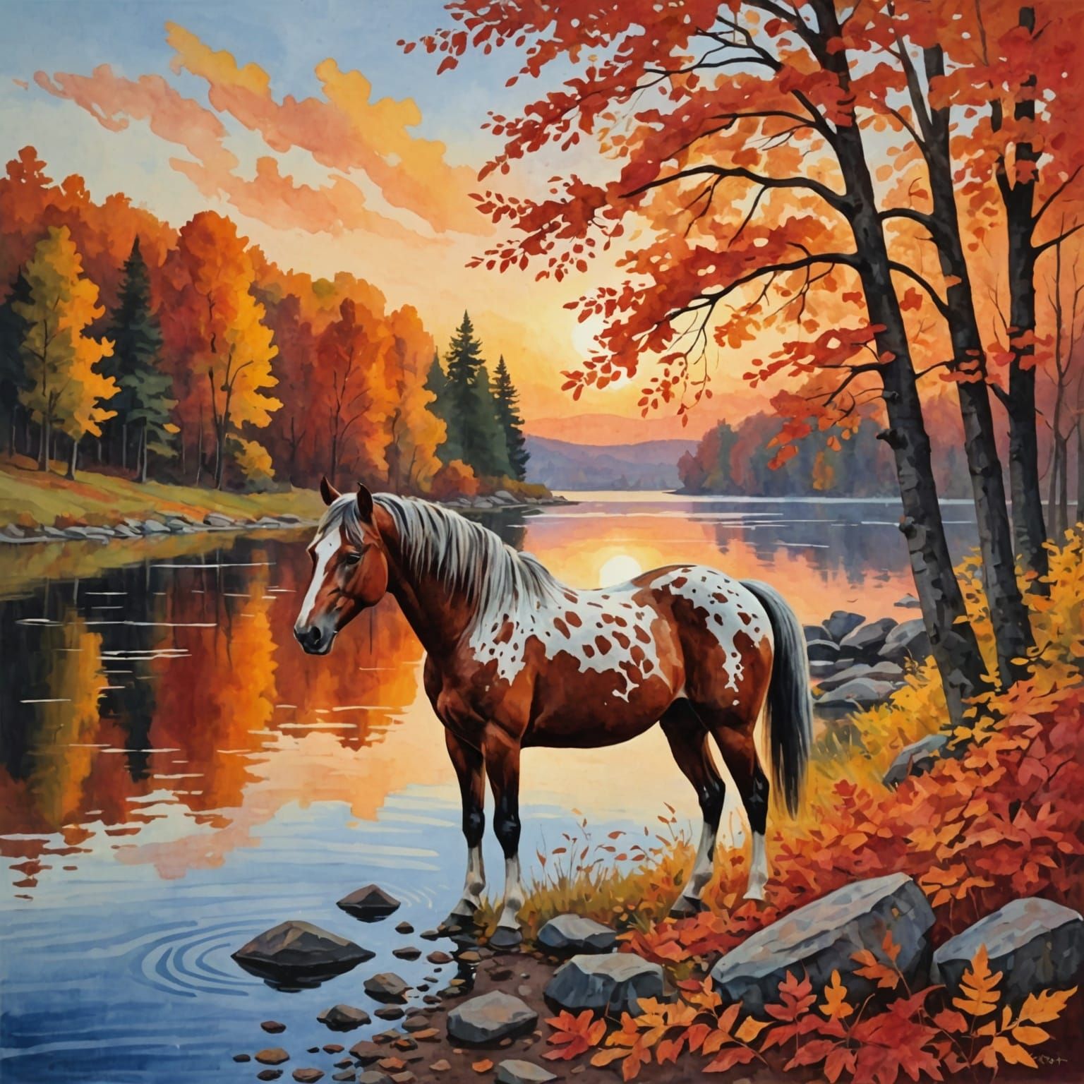 Appaloosa Horse at Autumn Sunset in Gouache Style