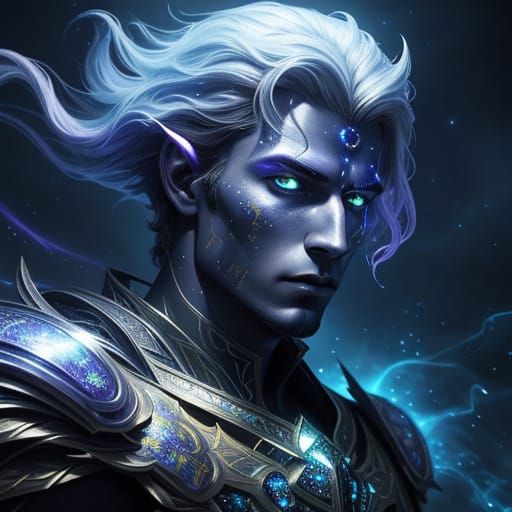 Cosmic Hero with Starlight Aura and Ancient Gaze