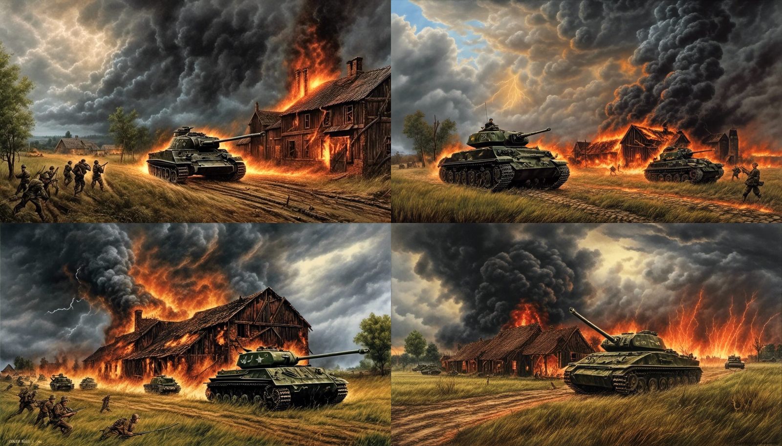 World War 2 Tanks Amidst Burning Barn and Storm