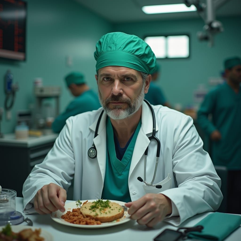 Doctor in Green Hat Surrounded by Medical Equipment in Reali...